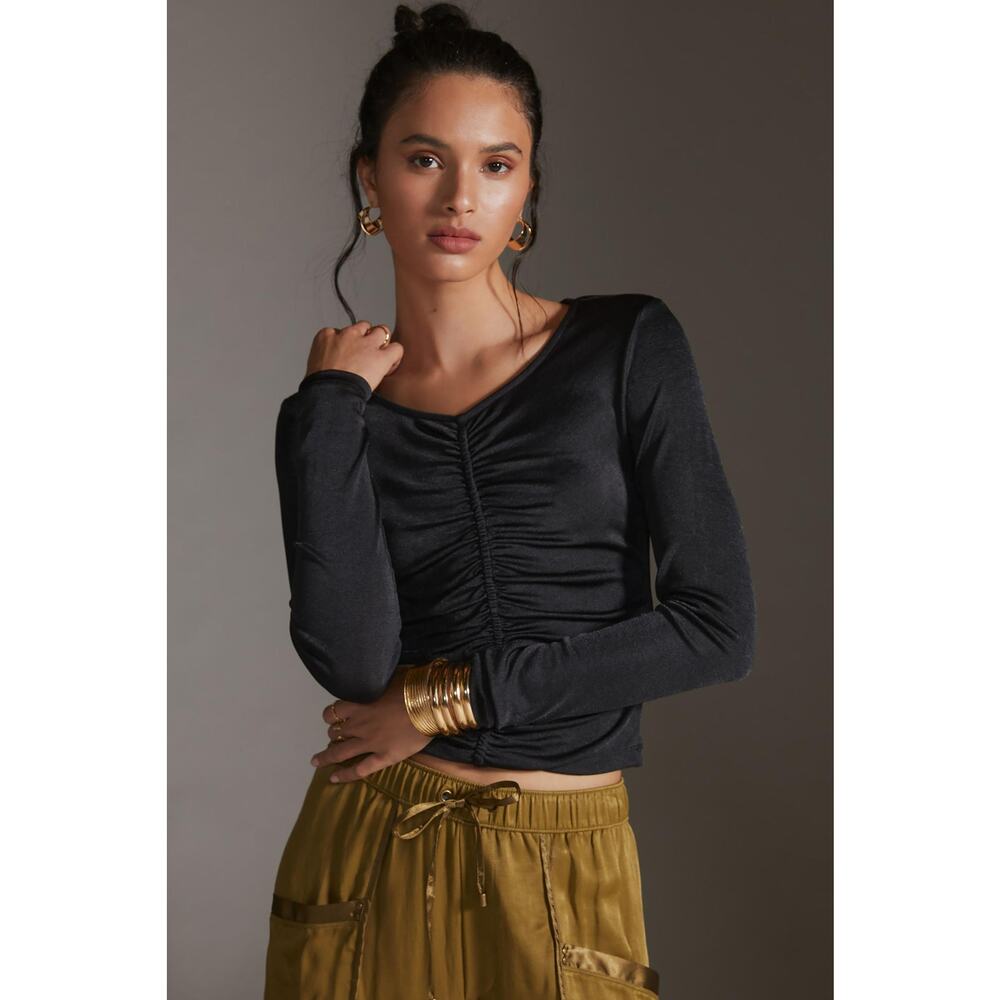 NWT Anthropologie Shirred Black Long Sleeve Top - Size Small